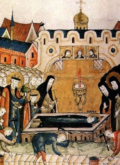 Дмитрий Красный в детстве при открытии 
мощей прп. Сергия (житийная миниатюра XVI в.) 
1422 г., стоит рядом с отцом около раки 