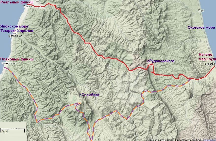 Красная полоска - это реальный маршрут,
а пунктиром показан планировавшийся маршрут